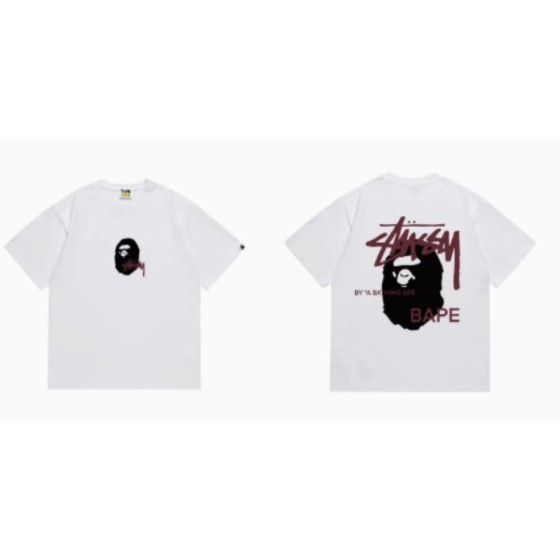 White BAPE x Stüssy Collab Logo T-Shirt (Front & Back)